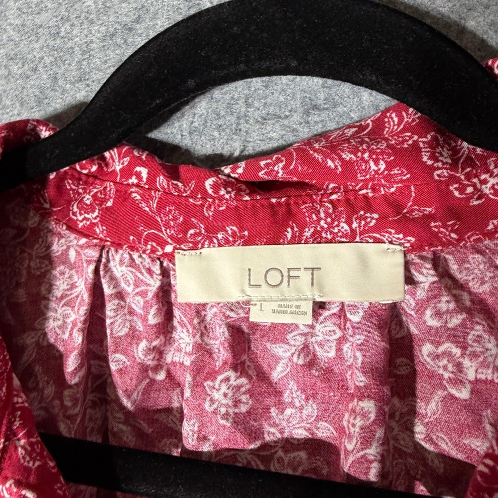 LOFT Red Floral Button Down Long Sleeve Shirt Women Large Boho Cottagecore - Picture 3 of 9